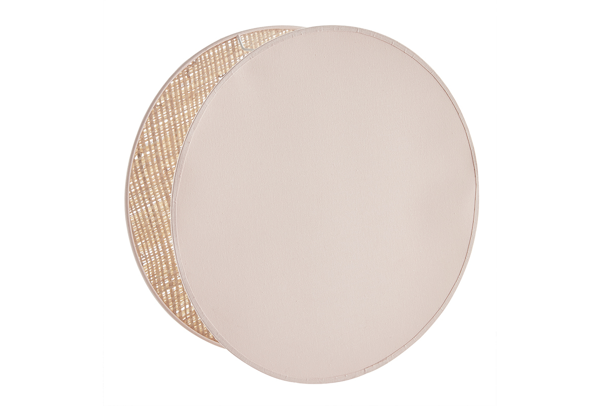 Lampe  poser ronde bi-matire en tissu rose clair et rabane naturelle D35 cm VERSO