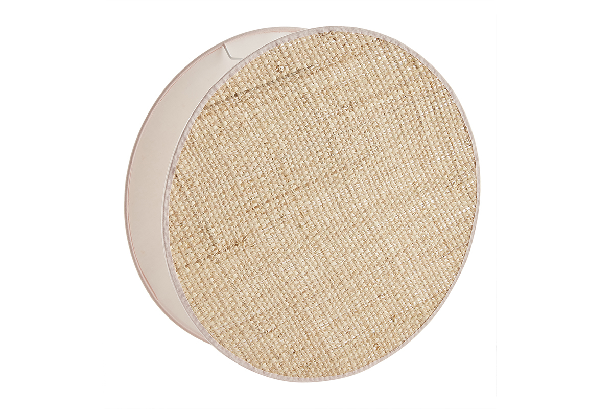 Lampe  poser ronde bi-matire en tissu rose clair et rabane naturelle D35 cm VERSO