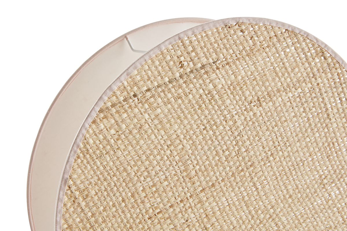 Lampe  poser ronde bi-matire en tissu rose clair et rabane naturelle D35 cm VERSO