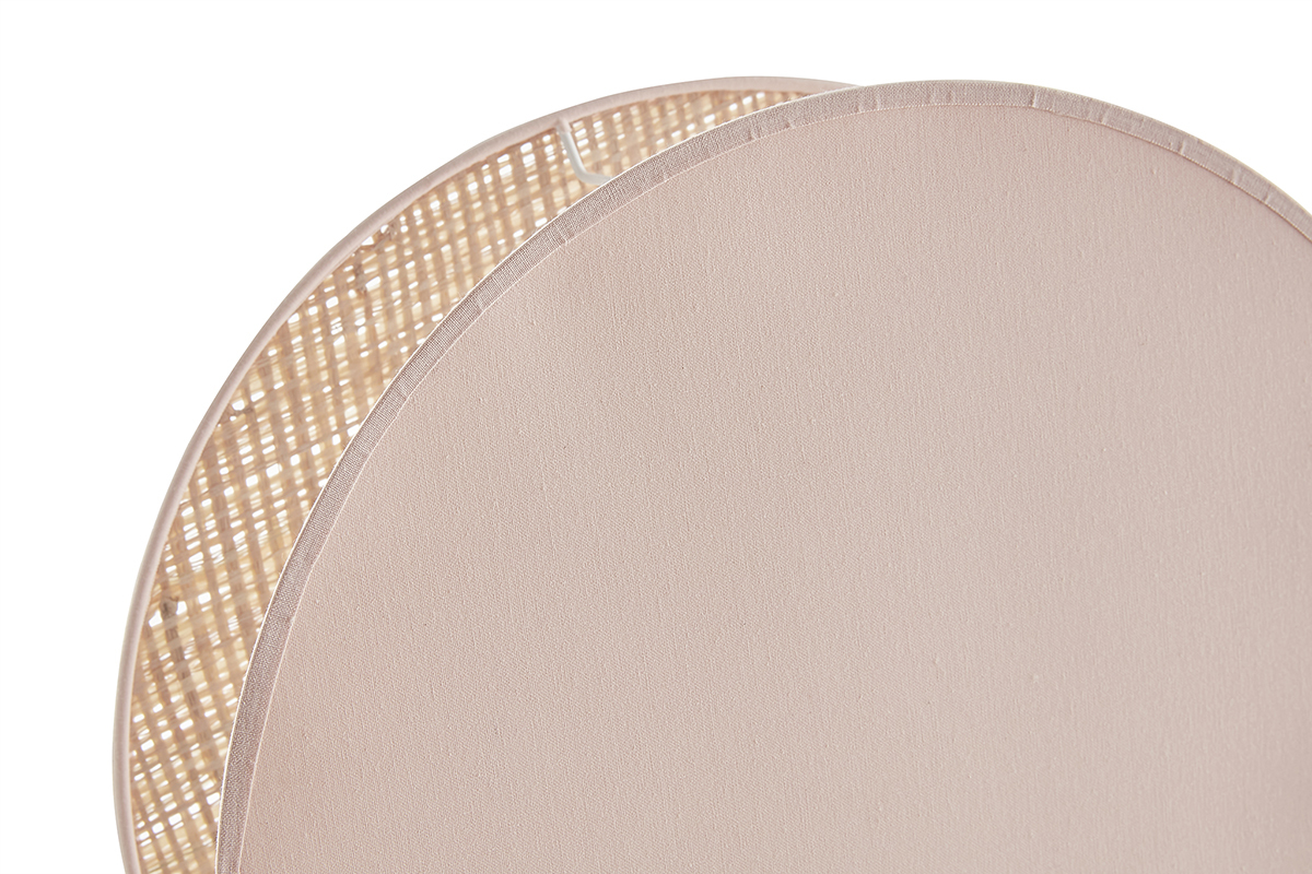 Lampe  poser ronde bi-matire en tissu rose clair et rabane naturelle D35 cm VERSO