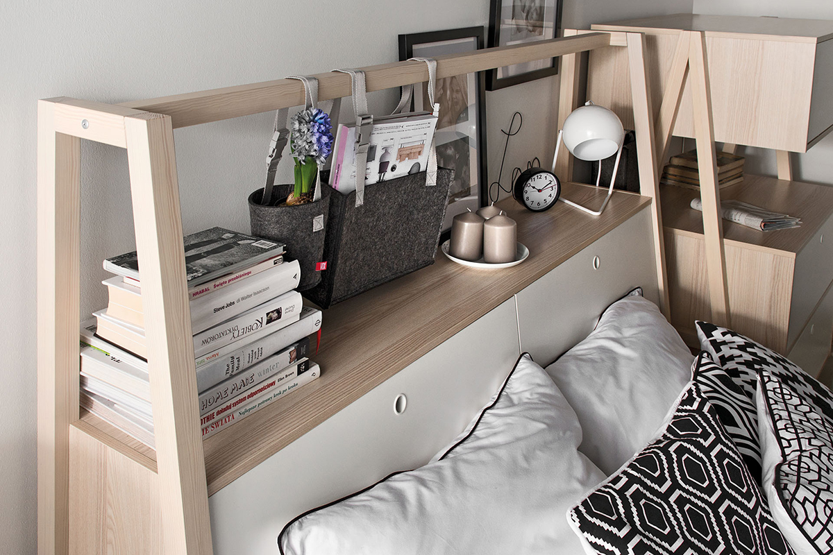 Lit 140x200 scandinave avec rangements bois et blanc EASY