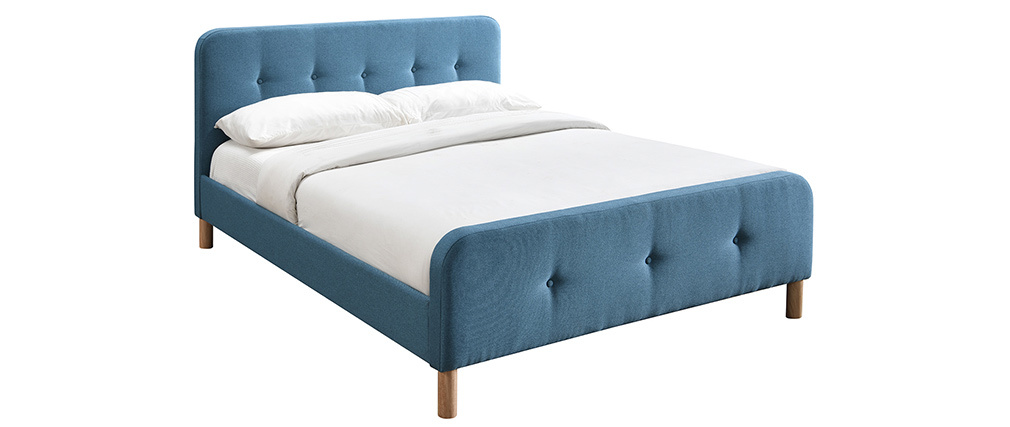 Lit 160 x 200 cm capitonn� en tissu bleu canard ORLANE