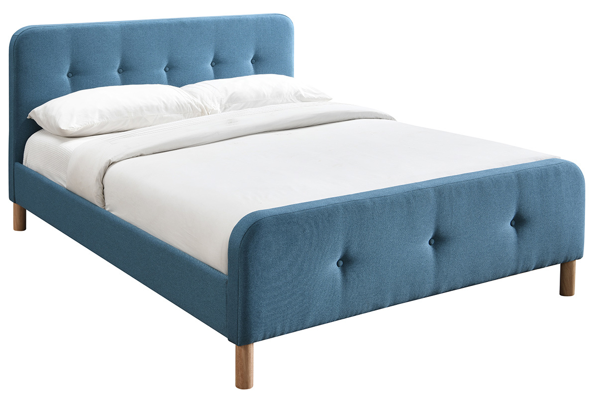 Lit 160 x 200 cm capitonn en tissu bleu canard ORLANE