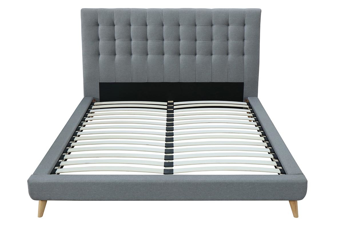 Lit 160x200 design capitonn� en tissu gris et bois SOREN