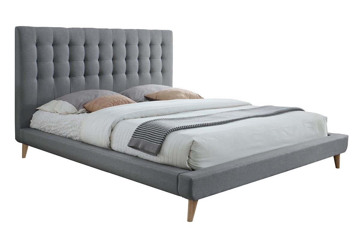 Lit 160x200 design capitonn� en tissu gris et bois SOREN