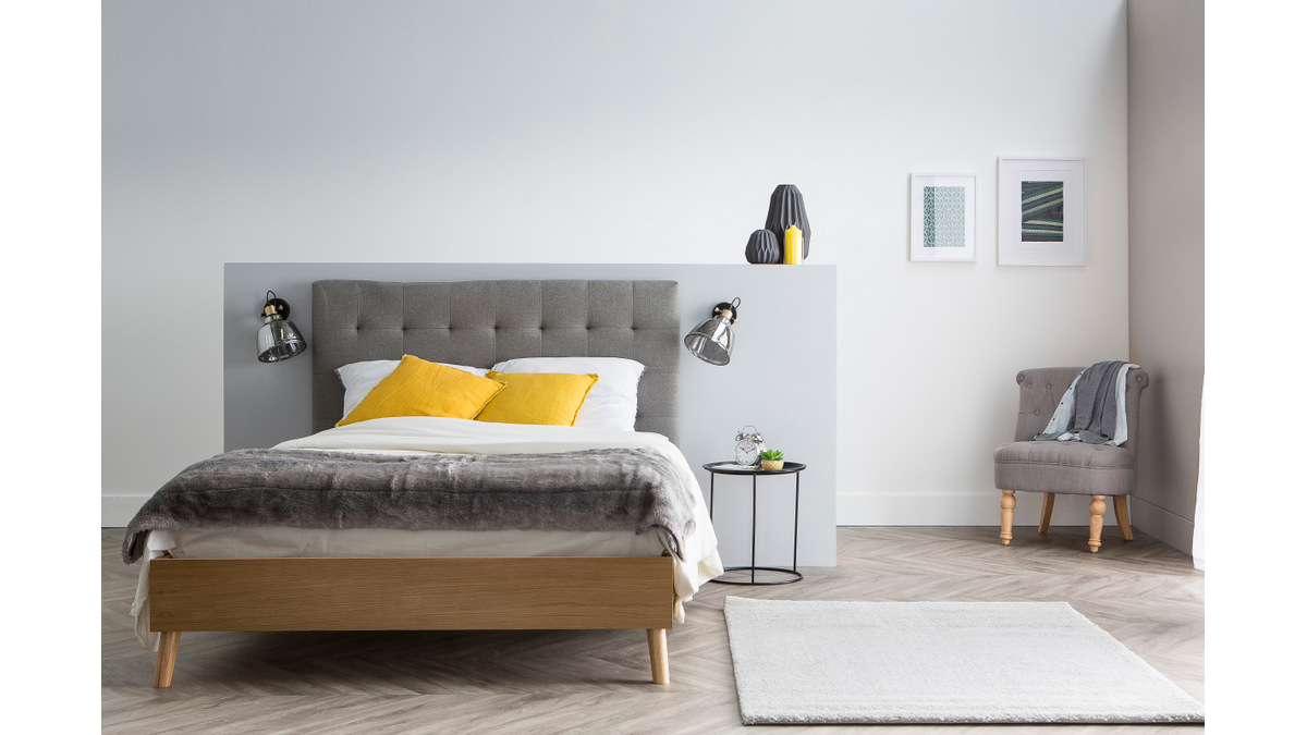 Lit 2 places 140x200cm en bois et tissu gris capitonn LYNN