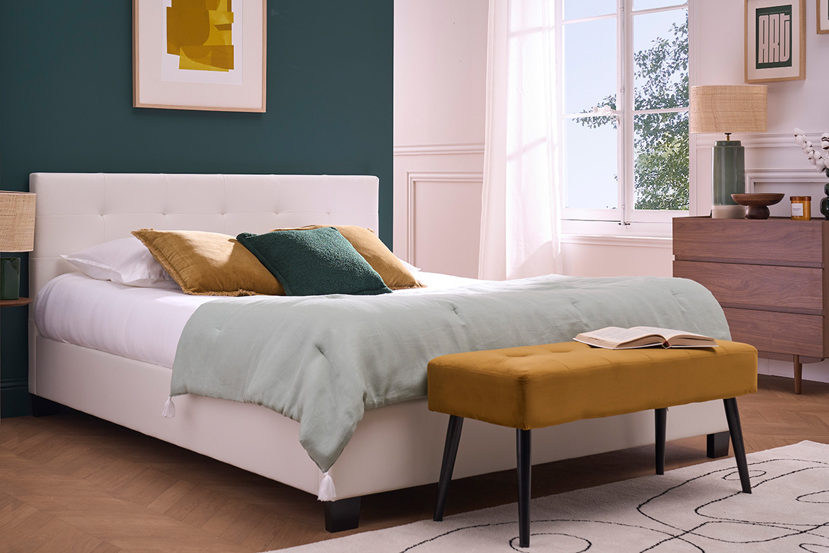 Lit 2 places 160x200 cm blanc capitonn MARQUISE