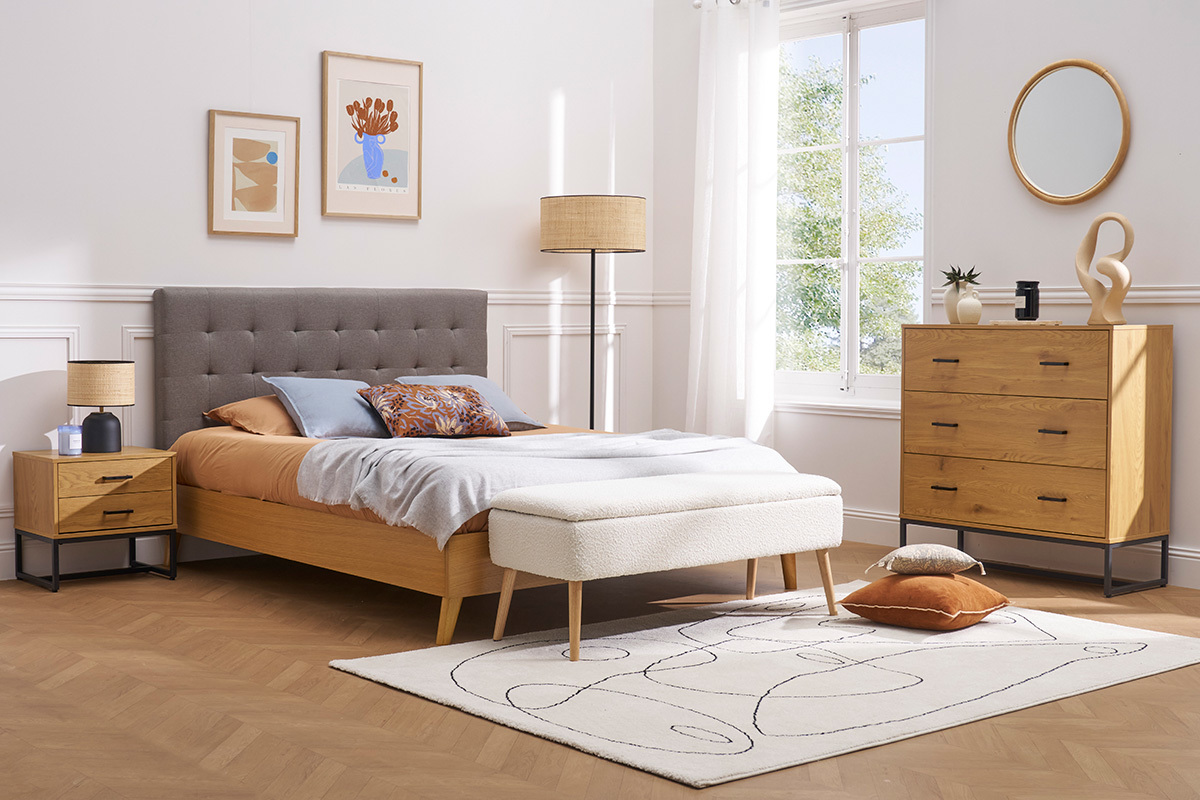 Lit 2 places 160x200 cm en bois et tissu gris capitonn LYNN