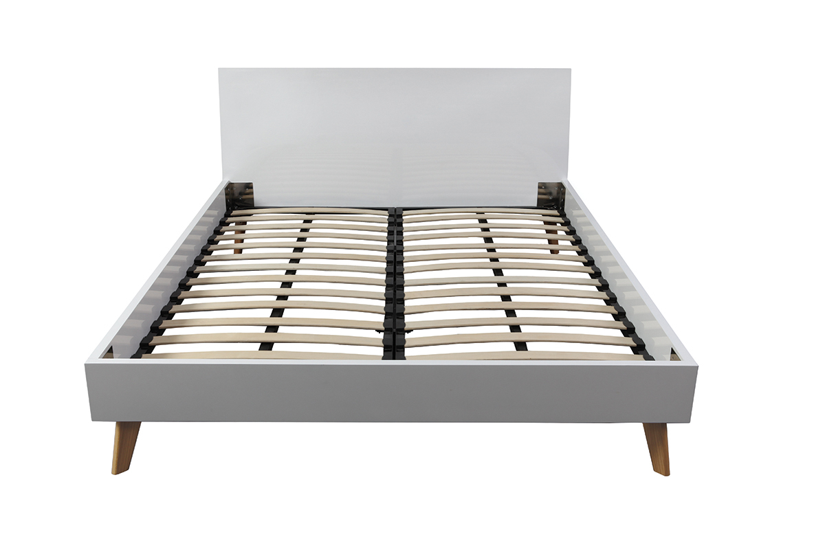 Lit adulte 160x200 cm blanc brillant et fr�ne MELKA