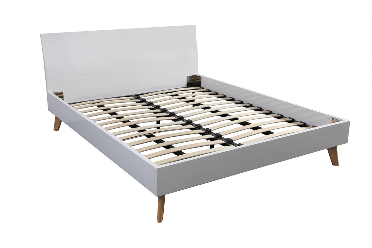 Lit adulte 160x200 cm blanc brillant et fr�ne MELKA