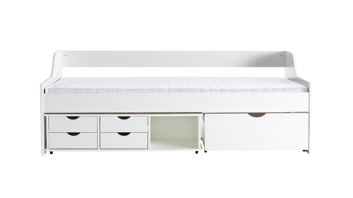 Lit avec rangements tiroirs blancs 90x190 cm CLEO