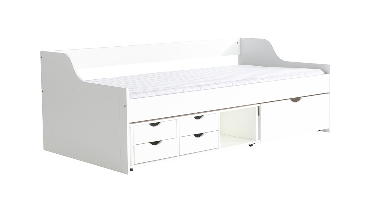 Lit avec rangements tiroirs blancs 90x190 cm CLEO