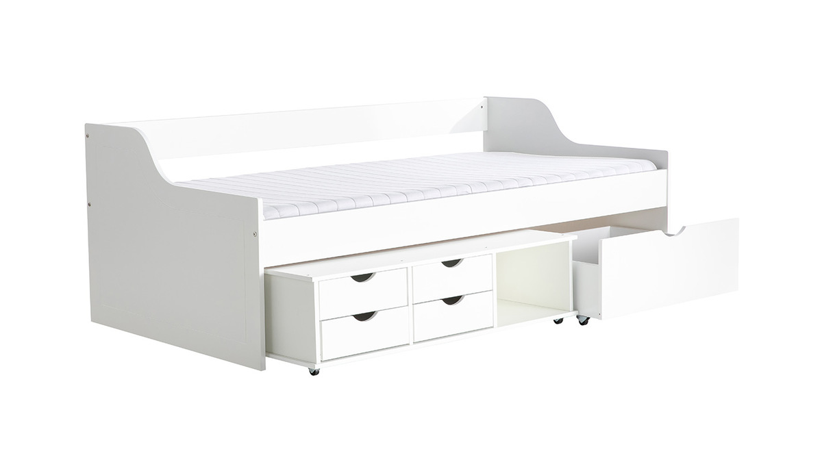 Lit avec rangements tiroirs blancs 90x190 cm CLEO