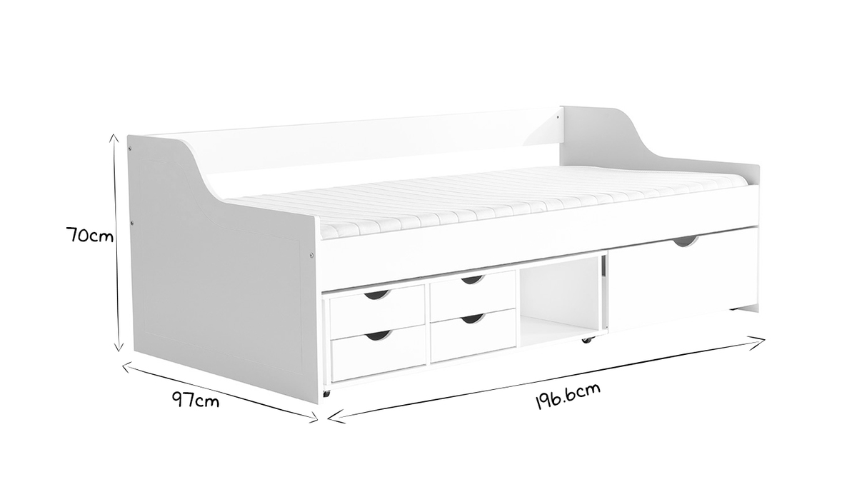 Lit avec rangements tiroirs blancs 90x190 cm CLEO