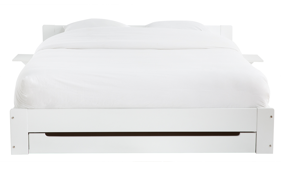 Lit avec tiroir rangement et chevets blanc 160 x 200 cm LORIS