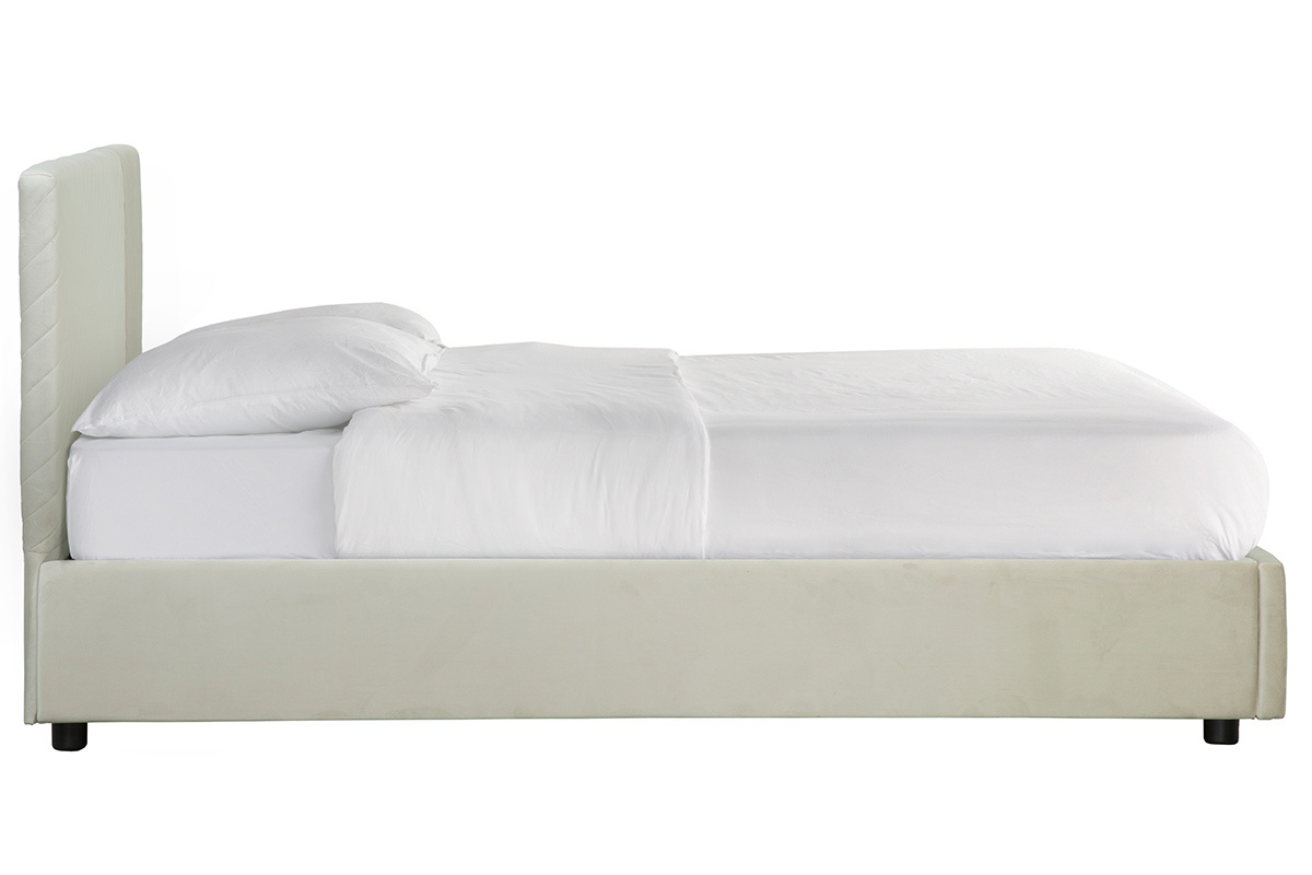 Lit coffre avec sommier et t�te de lit � motif en velours beige 160 x 200 cm RIGA