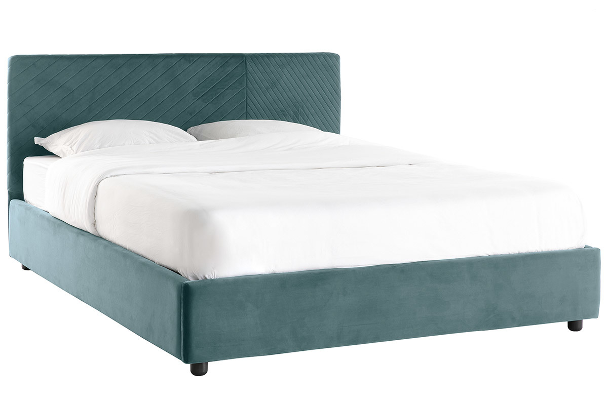 Lit coffre avec sommier et t�te de lit � motif en velours bleu paon 160 x 200 cm RIGA