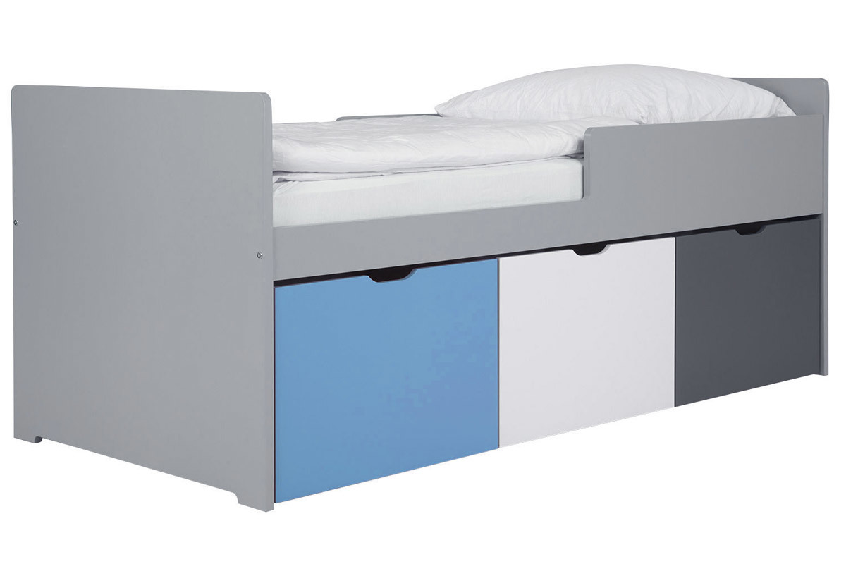 Lit enfant � tiroirs 90x190 cm bleu, blanc et gris JULES