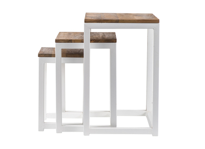 Lot de 3 tables gigognes bois et m&eacute;tal blanc ROCHELLE