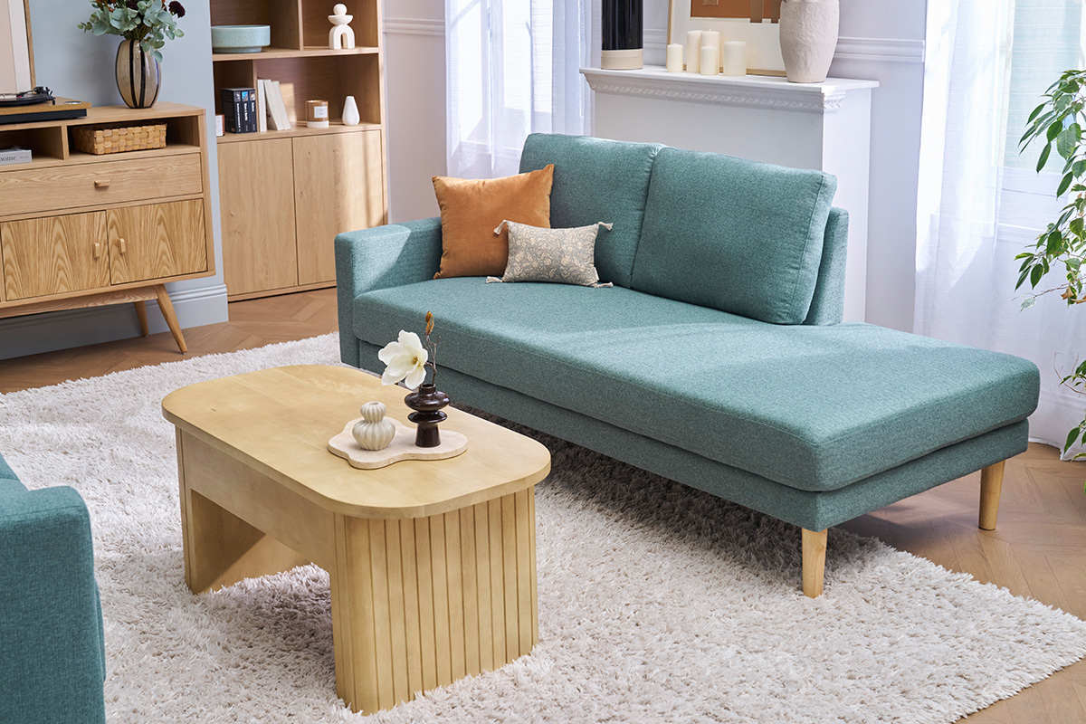 Mridienne scandinave en tissu vert de gris et bois clair massif L190 cm BERTILLE