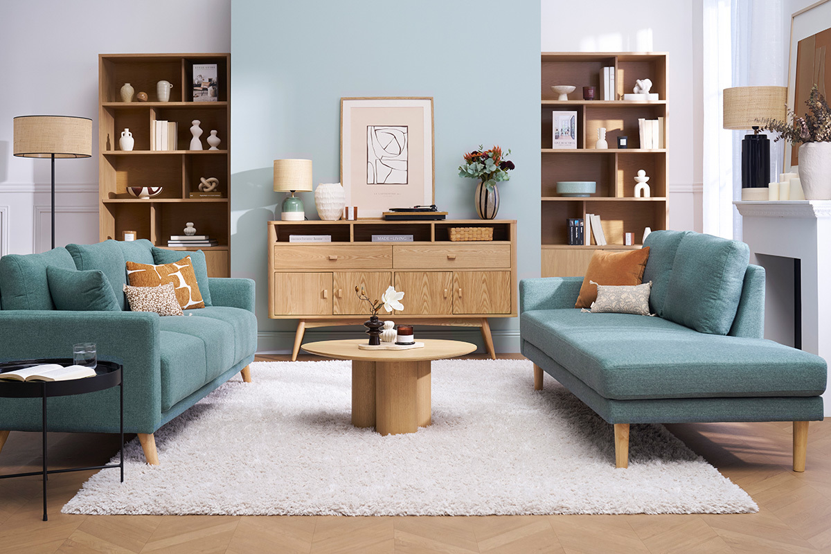 Mridienne scandinave en tissu vert de gris et bois clair massif L190 cm BERTILLE