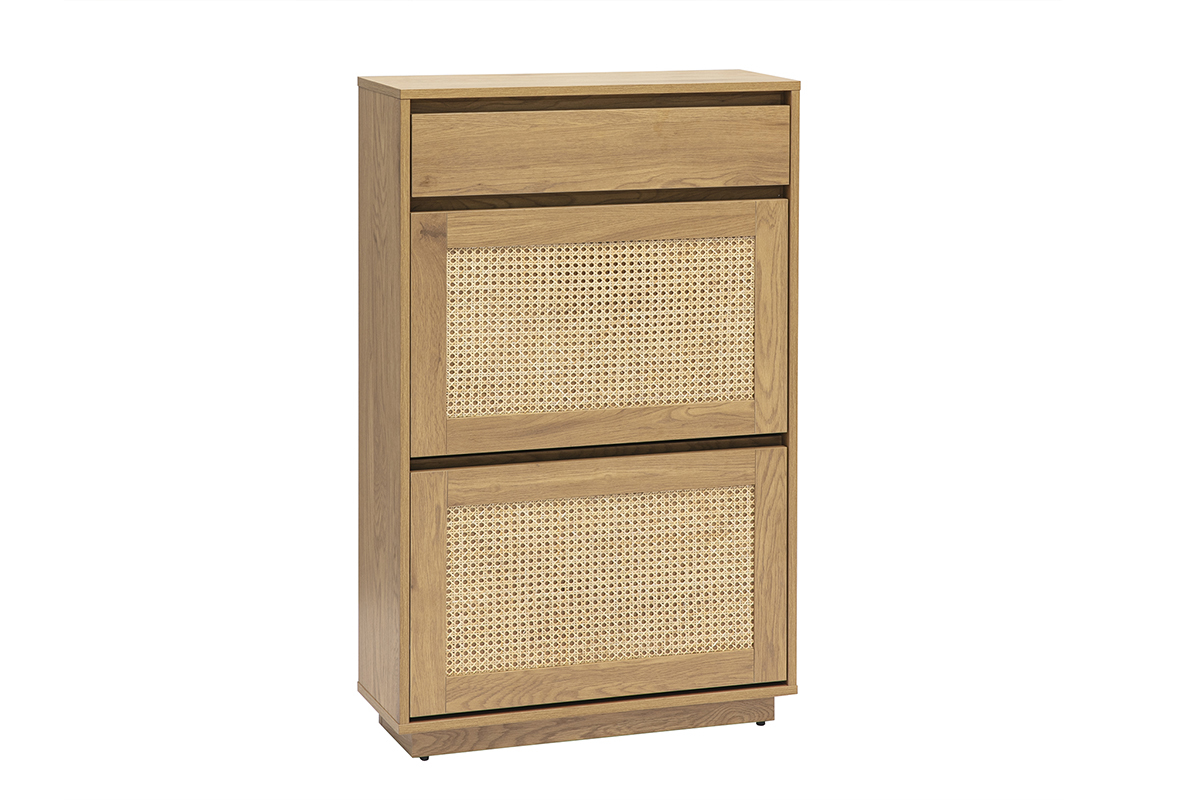 Meuble � chaussures finition bois clair ch�ne et cannage rotin L70 cm ALICANTE