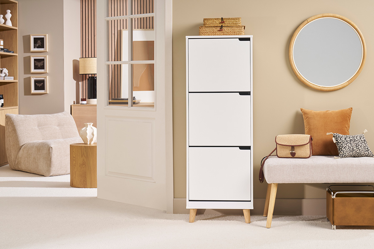 Meuble  chaussures scandinave blanc et bois 3 casiers L47 cm MITRAA