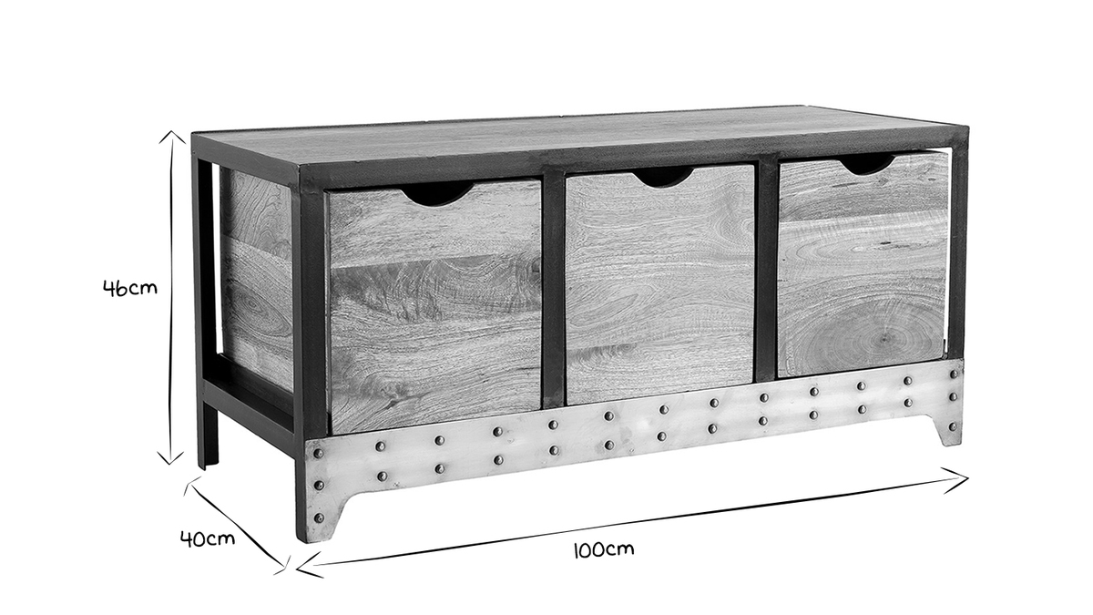 Meuble de rangement industriel en bois manguier massif et métal noir 3 tiroirs L100 cm ATELIER