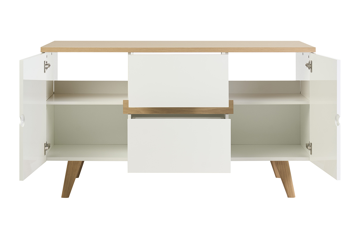 Meuble de salle de bain blanc laqu� brillant et bois clair L140 cm MELKA