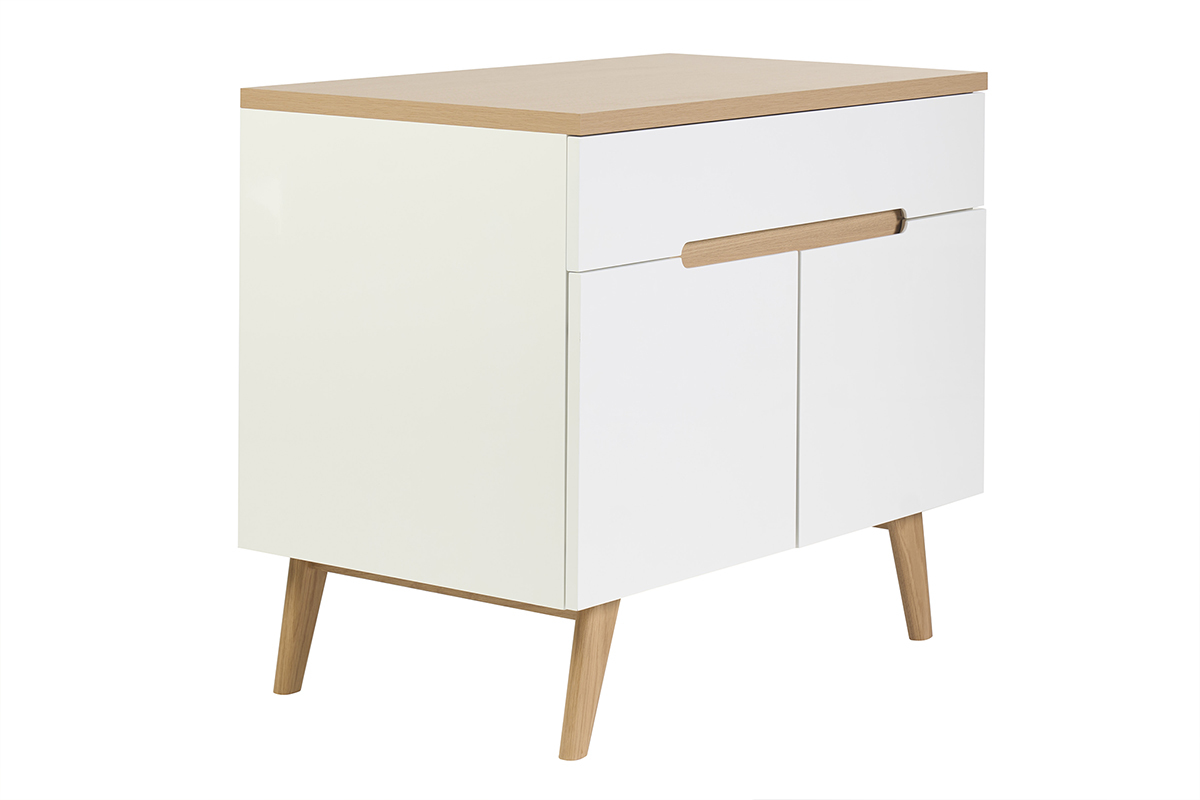 Meuble de salle de bain blanc laqu� brillant et bois clair L90 cm MELKA