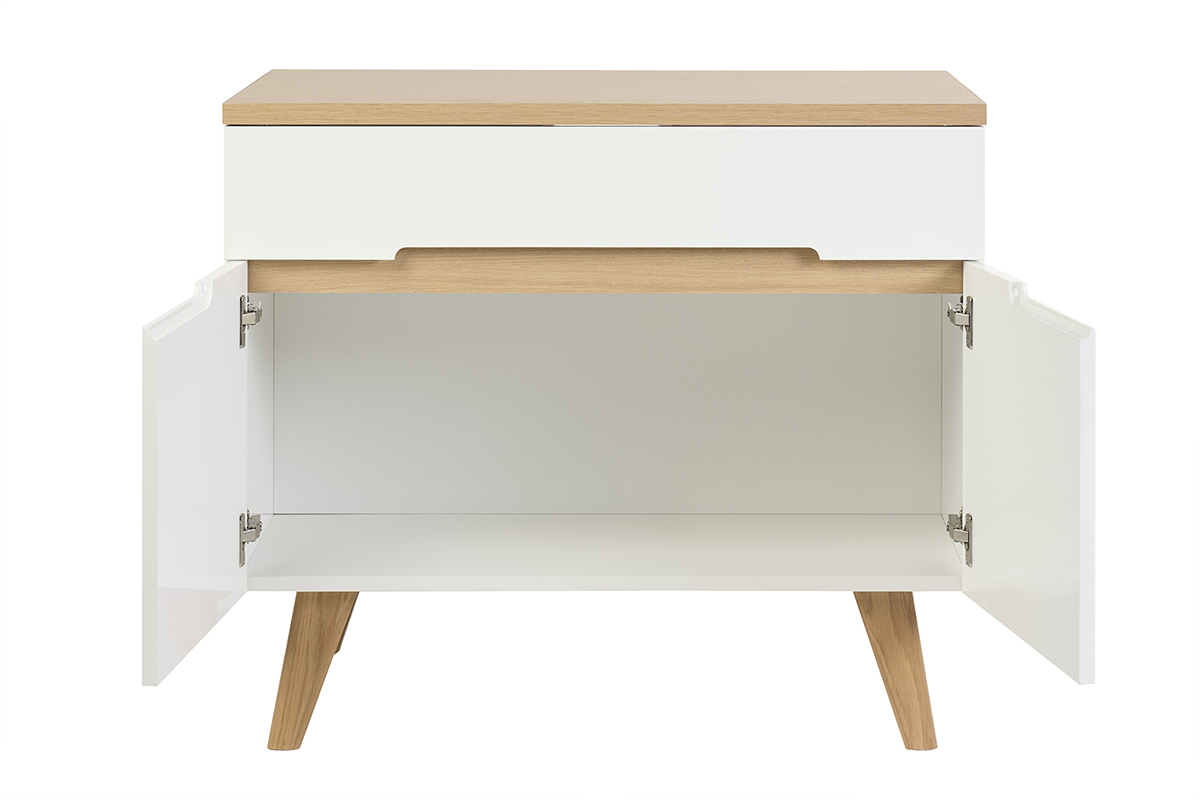 Meuble de salle de bain blanc laqu� brillant et bois clair L90 cm MELKA