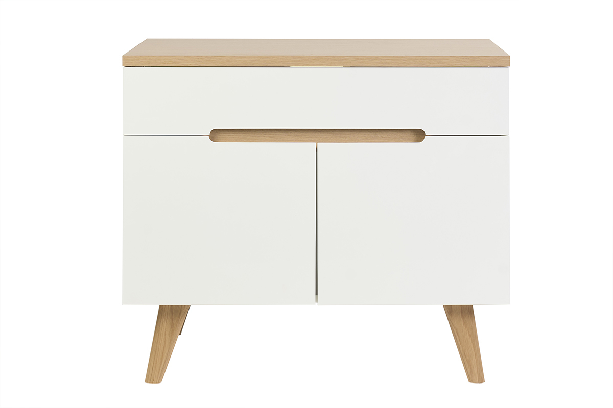 Meuble de salle de bain blanc laqu� brillant et bois clair L90 cm MELKA