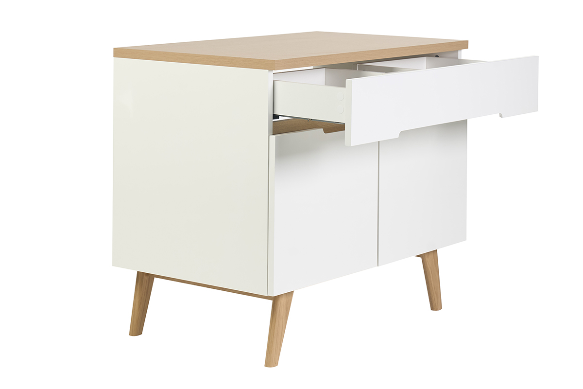 Meuble de salle de bain blanc laqu� brillant et bois clair L90 cm MELKA