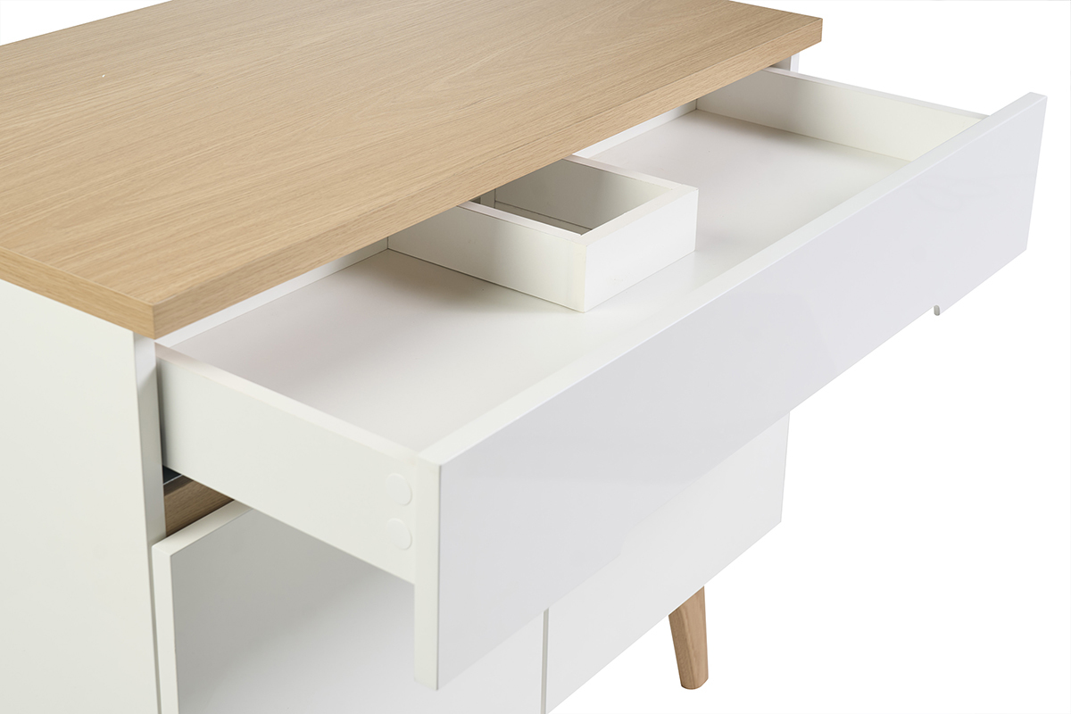 Meuble de salle de bain blanc laqu� brillant et bois clair L90 cm MELKA