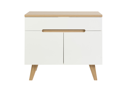 Meuble de salle de bain blanc laqu&eacute; brillant et bois clair L90 cm MELKA