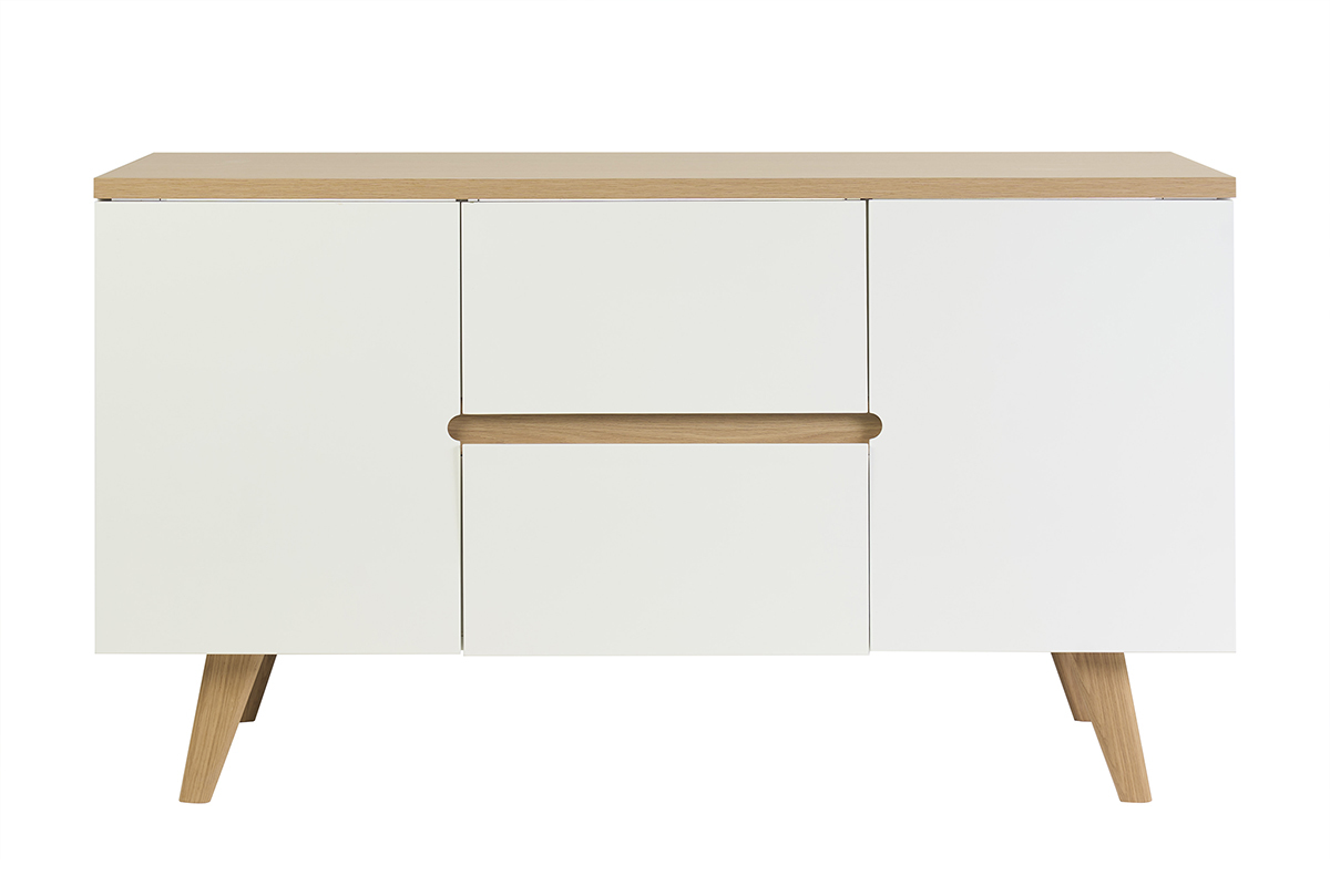 Meuble de salle de bain blanc laqu� brillant et finition bois clair L140 cm MELKA