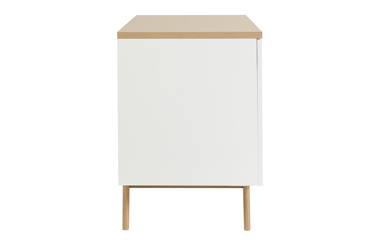 Meuble de salle de bain blanc laqu� brillant et finition bois clair L140 cm MELKA