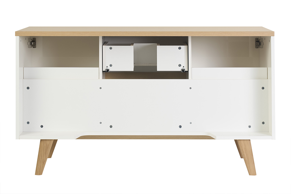 Meuble de salle de bain blanc laqu� brillant et finition bois clair L140 cm MELKA