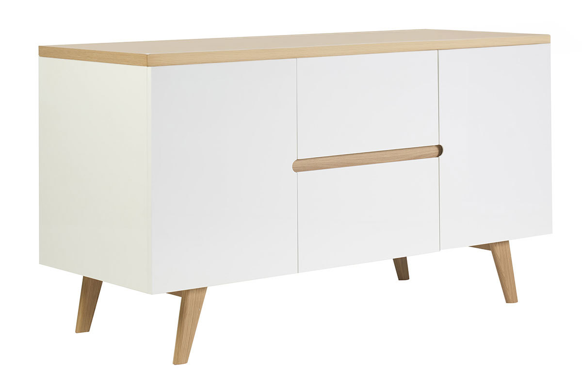 Meuble de salle de bain blanc laqu� brillant et finition bois clair L140 cm MELKA