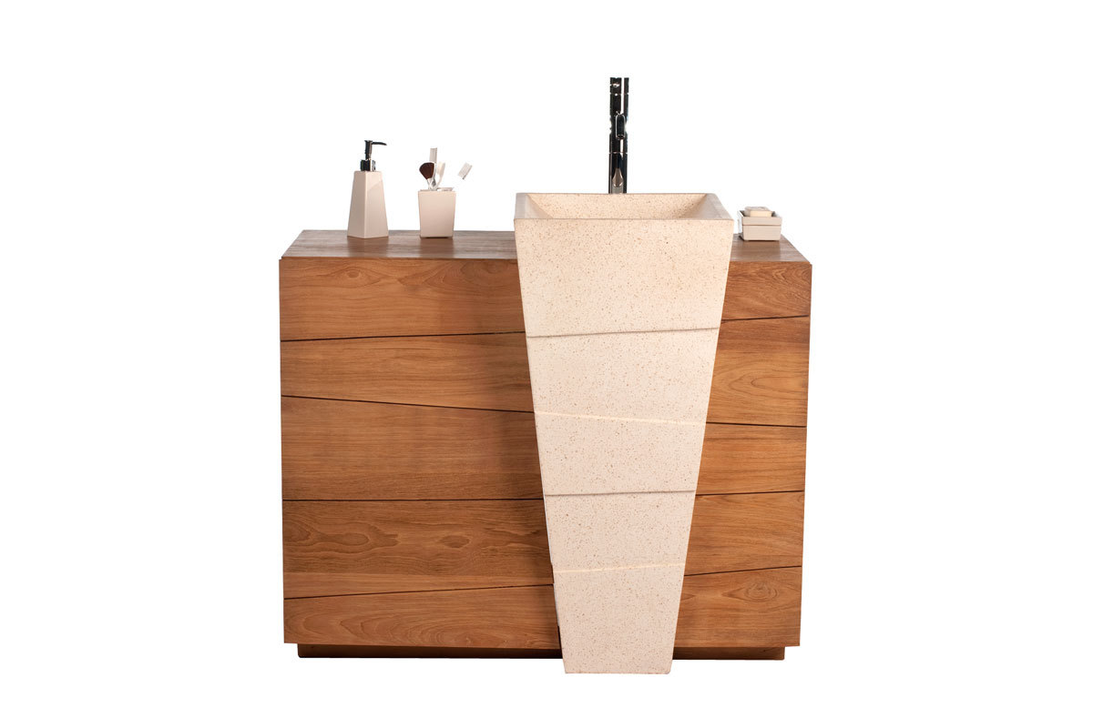 Meuble de salle de bain design ethnique en teck et terrazzo vasque encastr�e ARU