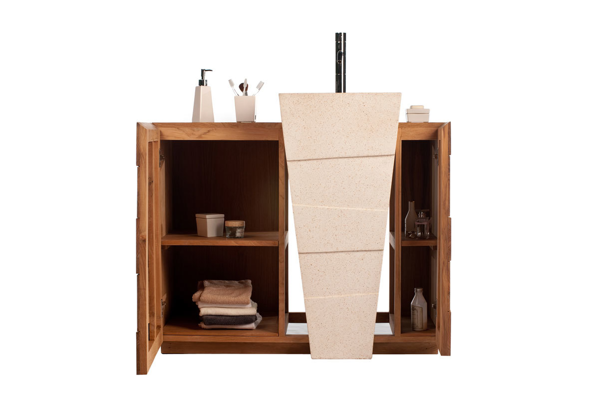 Meuble de salle de bain design ethnique en teck et terrazzo vasque encastr�e ARU
