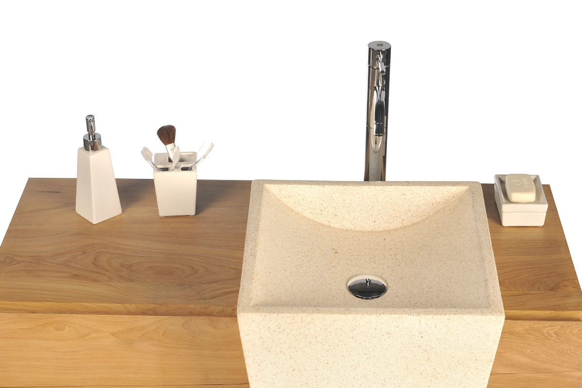 Meuble de salle de bain design ethnique en teck et terrazzo vasque encastr�e ARU