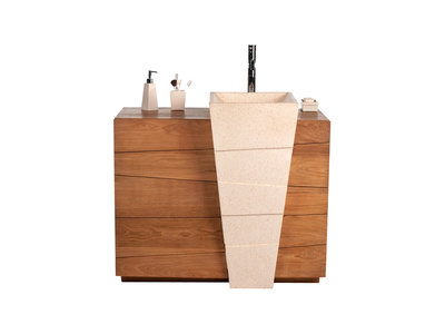 Meuble de salle de bain design ethnique en teck et terrazzo vasque encastr&eacute;e ARU
