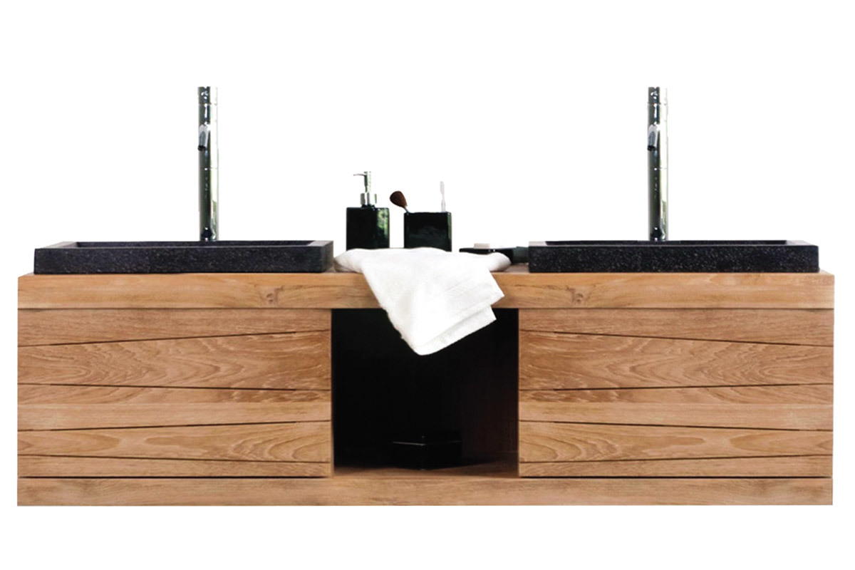 Meuble de salle de bain double vasques suspendu en teck ANKO