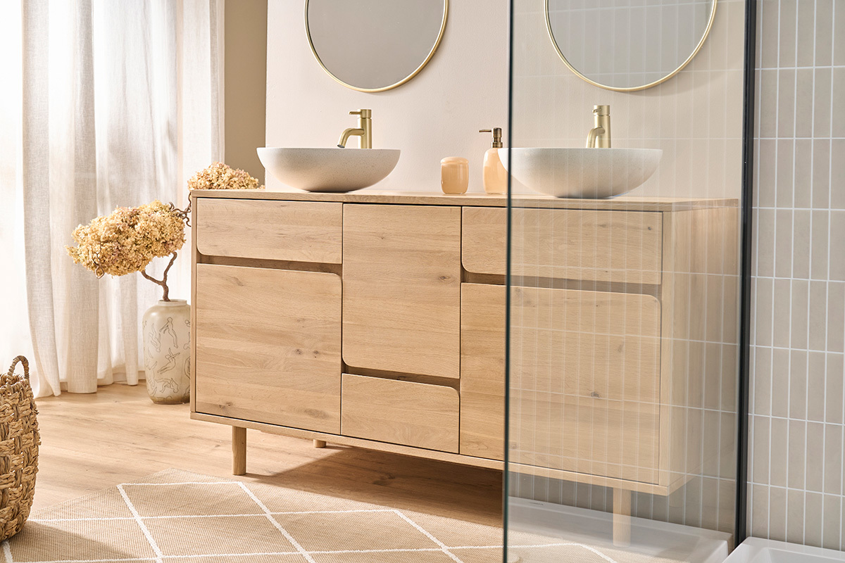 Meuble de salle de bain en bois clair ch�ne massif L140 cm SINCLAIR