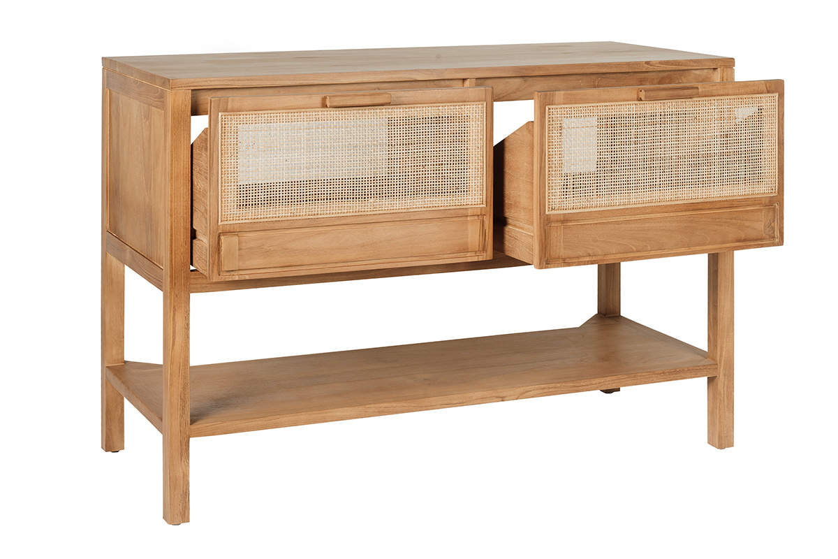 Meuble de salle de bain en bois teck massif et cannage rotin L120 cm RIVO