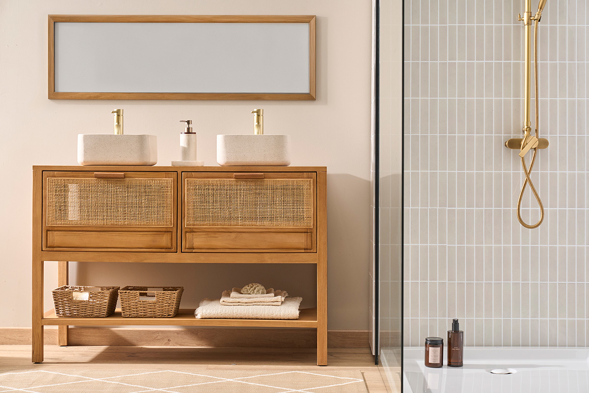 Meuble de salle de bain en bois teck massif et cannage rotin L120 cm RIVO