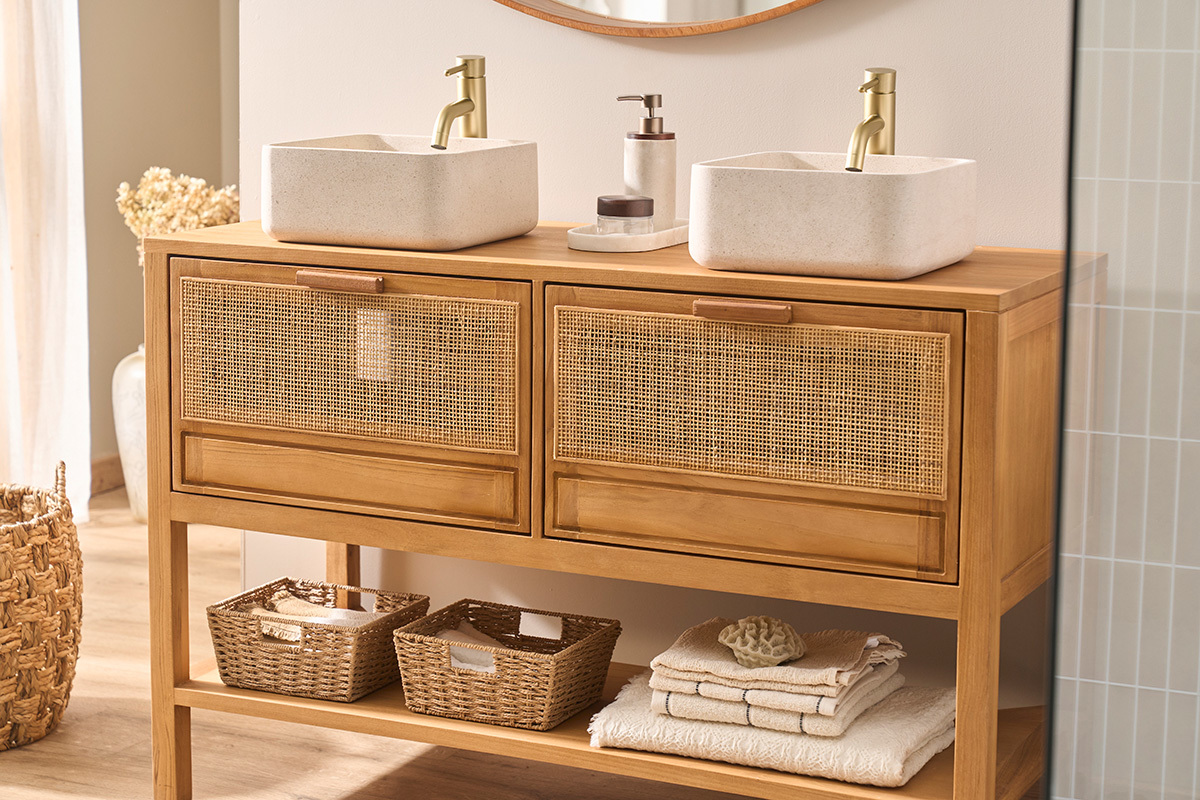 Meuble de salle de bain en bois teck massif et cannage rotin L120 cm RIVO