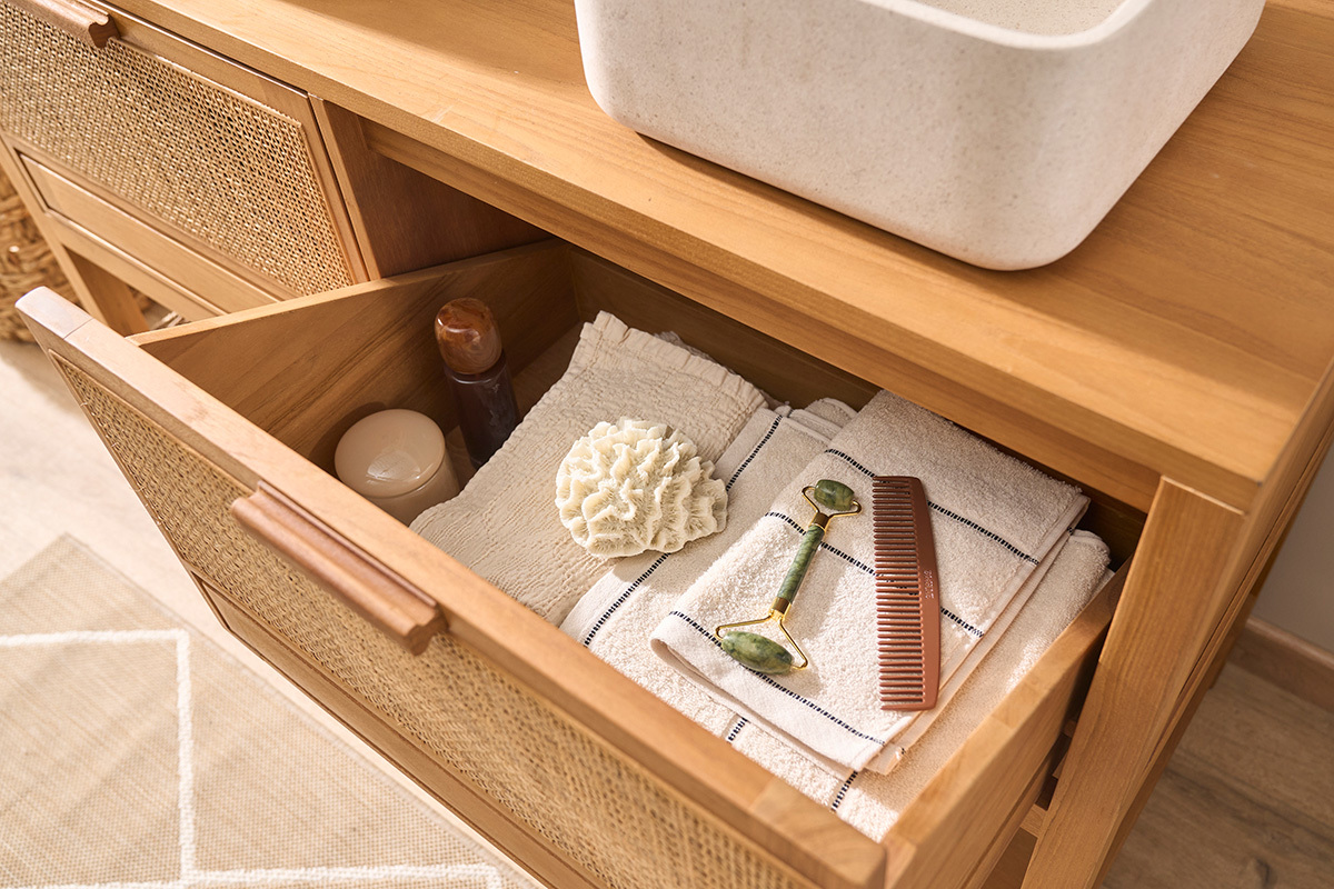Meuble de salle de bain en bois teck massif et cannage rotin L120 cm RIVO
