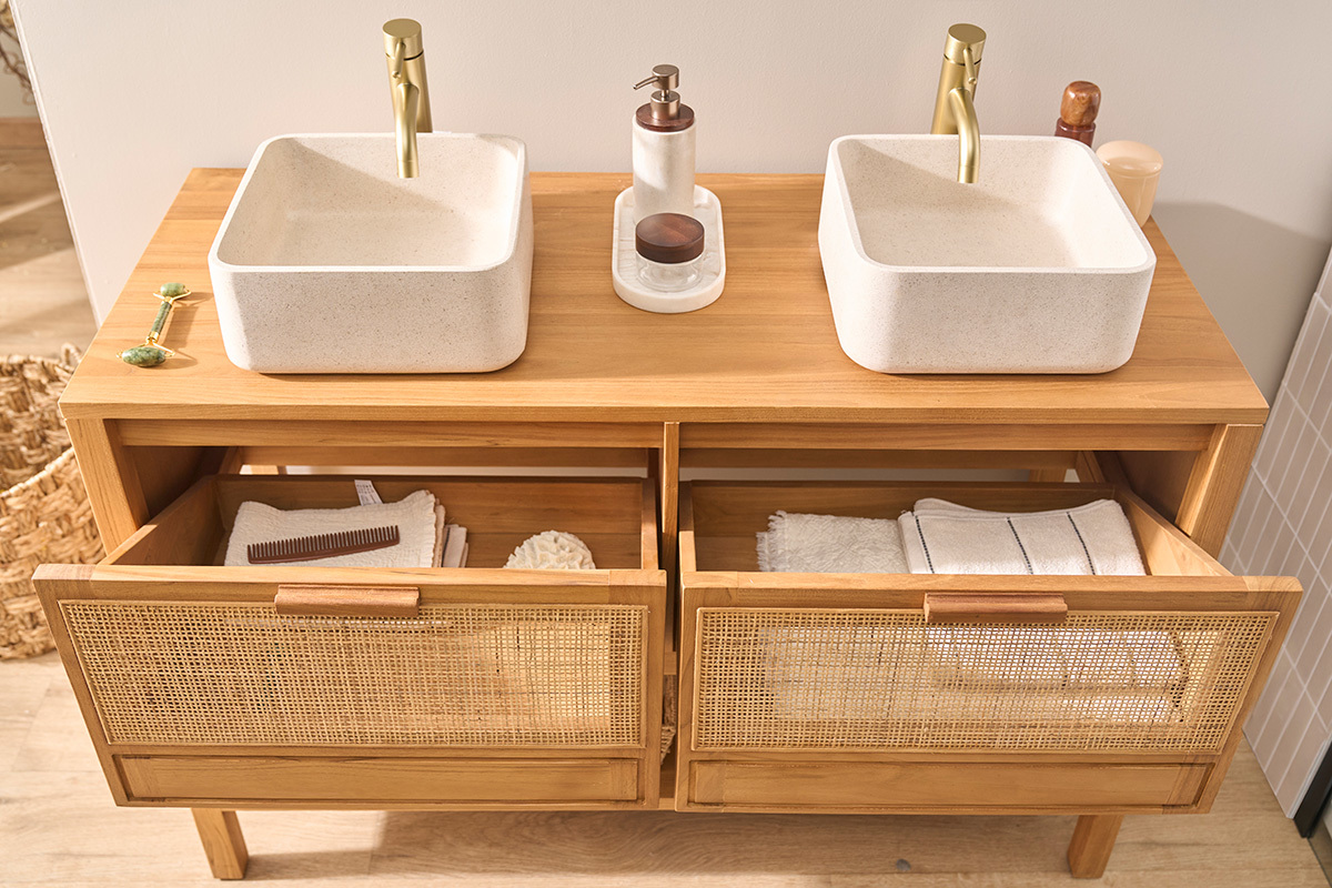 Meuble de salle de bain en bois teck massif et cannage rotin L120 cm RIVO